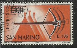 SAN MARINO 1965 ESPRESSI SPECIAL DELIVERY BALESTRA SOPRASTAMPATO SURCHARGED LIRE 135 SU 100 USATO USED - Timbres Express