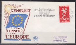 = Enveloppe Xème Anniversaire Conseil De L'Europe Timbre Europa France N°1173 De 1958 Strasbourg 5.5.59 - 1959