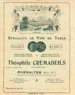 RIVESALTES TARIF DE M THEOPHILE CREMADEILS SPECIALITE DE VINS DE TABLE 1927 - Rivesaltes