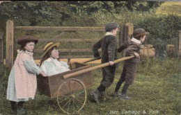 Her Carriage & Pair - Little Girl In Wagon Being Pulled By 2 Little Boys - Humorous Cards