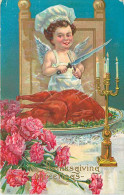 225747-Thanksgiving, Stecher No 113 B, Cupid With Knife & Fork About To Carve A Turkey, Candle, Roses, Embossed Litho - Thanksgiving