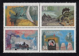 Canada MNH Scott #1107a Block Of 4 34c Exploration Of Canada I - Discoverers With #1106 Variety Sea Froth Front Of Ship - Variétés Et Curiosités