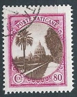 1933 VATICANO USATO GIARDINI E MEDAGLIONI 80 CENT - VN1 - Gebraucht