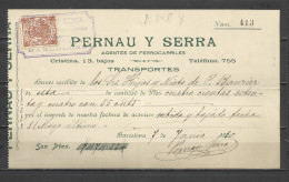 A148Y-SELLO FISCAL EN DOCUMENTO AÑO 1910 COMPLETO FISCALES BARCELONA FERROCARRIL RAIL WAY TRENES PERNAU Y SERRA . - Steuermarken/Dienstmarken