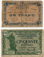36 Chateauroux  1 Billets De 50 Centimes Et 1 D´ 1franc 1918 - Chambre De Commerce