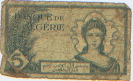 Billet De Banque, Banknote, Biglietto Di Banca, Bankbiljet, Banque De L'Algérie, Cinq Francs, 1942, Billet Très Usagé - Algeria