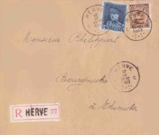 POSTE HERVE 1933 Griffe Sur étiquette  Recommandé + Timbre à Date  Sur Albert 1er Casquette - Sello Lineal