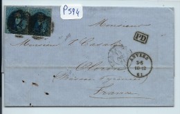 BELGIQUE LETTRE  PAIRE DU N° 11 DE ANVERS POUR LA FRANCE   1861 - Balkstempels: Ontvangerijen