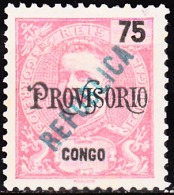 CONGO - 1914 -  D. Carlos I,  Com Sobrecarga  «REPUBLICA»   75 R. Carmim (Provisório)   (*) MNG    MUNDIFIL  Nº 122 - Portuguese Congo