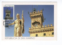 SAN MARINO 1994 MC MK MAXIMUM CARD  ARCHITECTURE STATUA DELLA LIBERTA  CENTENARIO  PALAZZO DEL GOVERNO - Lettres & Documents