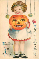 231787-Halloween, Wolf No 1-5, Ellen Clapsaddle, Young Girl Holding A Jack O Lantern, Strings With Apples Hanging - Halloween