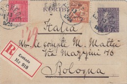 Enskede, Svezia. To Bologna. Raccomandata Intero Postale 1922 - Entiers Postaux