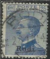 COLONIE ITALIANE EGEO 1912 RODI SOPRASTAMPATO D´ITALIA ITALY OVERPRINTED CENT. 25 CENTESIMI USATO USED OBLITERE´ - Ägäis (Rodi)