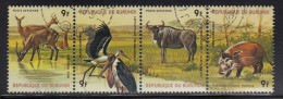 Burundi Used Scott #C258 Strip Of 4 9fr Buffon's Kob, Marabous, Brindled Gnu, River Hog - Wildlife - Usados