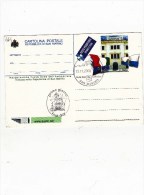 SP-619 CARTOLINA POSTALE SAN MARINO TIMBRO PRIMO GIORNO INNAUGURAZIONE NUOVA SEDE AMBASCIATA ITALIAN - Cartas & Documentos