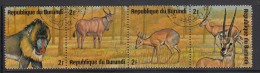 Burundi Used Scott #480 Strip Of 4 2fr Mandrill, Eland, Salt`s Dik-dik, Thomson`s Gazelles - Wildlife - Usados