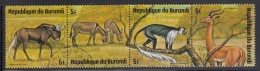 Burundi Used Scott #482 Strip Of 4 5fr White-tailed Gnu, African Wild Asses, Black-and-white Colobus Monkey, Gerenuk - Usados