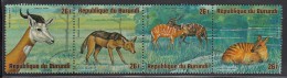 Burundi Used Scott #C222 Strip Of 4 26fr Dama Gazelle, Black-backed Jackal, Sitatungas, Zebra Antelope - Wildlife - Usados