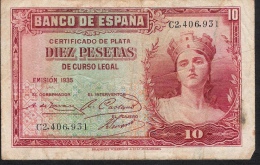 SPAIN   P86   10   PESETAS   1935      VF - 10 Pesetas