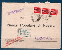 Italia / RSI 1944 - Raccomandata Da Asti Per Genova-- Affrancatura  75Cent - Poststempel