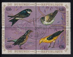 Burundi Used Scott #342 Block Of 4 6.50fr Birds - House Martin, Sedge Warbler, Fieldfare, European Golden Oriole - Usados