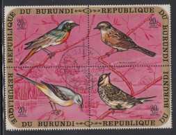 Burundi Used Scott #C135 Block Of 4 20fr Birds - ,European Redstart, Hedge Sparrow, Gray Wagtail, Meadow Pipit - Usados