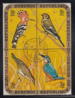 Burundi Used Scott #C136 Block Of 4 30fr Birds Eurasian Hoopoe, Pied Flycatcher, Great Reed Warbler, Eurasian Kingfisher - Gebruikt