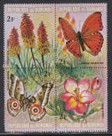 Burundi Used Scott #436 Block Of 4 2fr Flowers And Butterflies - Usados