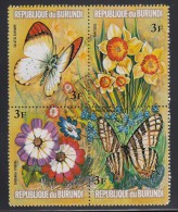 Burundi Used Scott #437 Block Of 4 3fr Flowers And Butterflies - Usados