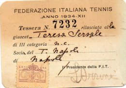 1934 TESSERA FEDERAZIONE ITALIANA TENNIS - Trading Cards