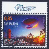 2013 SAN MARINO "20° ANNIVERSARIO SIMPOSIO MONDIALE UFO" SINGOLO ANNULLO PRIMO GIORNO - Oblitérés