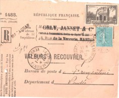 3043 NANTES MAZAGRAN Valeurs à Recouvrer Ob 26 1 1939 Semeuse 50 C Lignée Yv 362 Orange Yv 389 Recommandé Provisoire - Brieven En Documenten