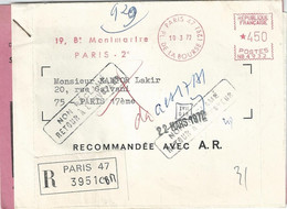 2876 PARIS 47 Lettre Recommandée 1972 Avec Avis De Réception AR Griffe Non Reclamé Retour à L'Envoyeur EMA NB 4,50 F - EMA (Empreintes Machines à Affranchir)