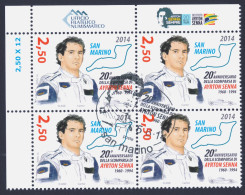 2014 SAN MARINO "20° ANNIVERSARIO SCOMPARSA AYRTON SENNA" QUARTINA ANNULLO PRIMO GIORNO - Usados