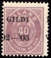 1902. I GILDI. 40 Aur Lilac. Perf. 12 3/4. Black Overprint Misplaced Overprint.. (Michel: 32B) - JF156337 - Oblitérés