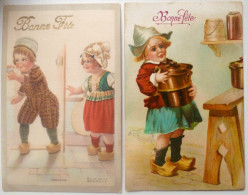 Cpa Lot 2x Litho Illustrateur GREINER  K.CO.NY Enfant Enfants Sabots Folklore Hollande Voyagé 1907 Ambulant Fraisans - Verzamelingen & Kavels