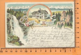 KANDERN: Gruss, Litho Multi Vues, Wasserfall, Kandelfelsen  ++ Marcophilie Bahnpost Zug 131 - Kandern