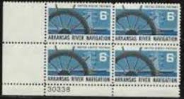 Plate Block -1968 USA Arkansas River Navigation Stamp Sc#1358 Ship Wheel Electricity Tower Barge - Agua