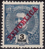 ÍNDIA - 1911 -  D. Carlos L, Com Sobrecarga «REPUBLICA»  3 R.     * MH   MUNDIFIL  Nº 204a - Portuguese India