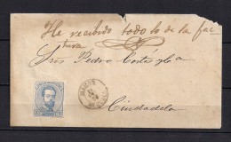 1872 BALEARES, SOBRE CIRCULADO ENTRE MAHÓN Y CIUDADELA EN MENORCA, FECHADOR Y LLEGADA. - Lettres & Documents