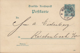 Germany Reichspost Postal Stationery Ganzsache Entier 5 Pf. WERDAU 1890 To REICHENBACH (2 Scans) - Cartes Postales