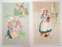 Cp Lot 2x Litho Illustrateur Coloprint Special 5159/5161 Folklore Hollande Enfant Fille Tulipe Moulin Bateau Tricot - Collezioni E Lotti