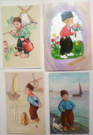 CP Lot 4x Litho Illustrateur W.S.S.B. Coloprint Kruger Folklore ENFANT HOLLANDE Pays-bas Sabot Tulipe Bateau Moulin - Verzamelingen & Kavels