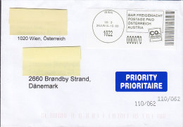 Austria Priority Prioritaire & Bar Freigemacht Postage Paid Labels WIEN 2014 Cover Brief To BRØNDBY STRAND Denmark - Covers & Documents