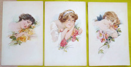 LOT 3X CPA Litho Illustrateur SCHILBACH TECO 406 1-3-6 Portrait Femme FILLE Souriante Et Fleur Eglantier Et 2x Rose - Schilbach