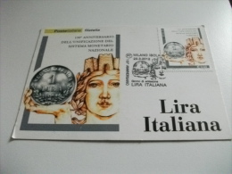 Cartolina Postale Carte Postale ITALIANA 150° ANNIVERSARIO UNIFICAZIONE SISTEMA MONETARIO NAZIONALE LIRA ITALIANA - Coins (pictures)