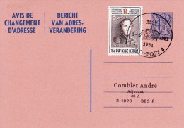 C01-156 - Belgique CEP - Carte Entier Postal - Changement D'adresse  Du 4-6-1981 - COB 1627 - Cachet De 4090 Post8 Vers - Addr. Chang.