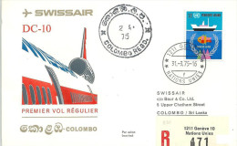 Luftpost  "Swissair - DC-10 - Genève - Colombo"  (UN-Frankatur)              1975 - Erst- U. Sonderflugbriefe