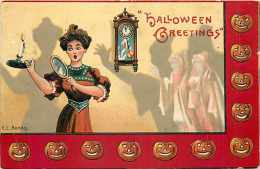 236121-Halloween, RK & Co No RKL01-5, Artist EC Banks, Woman Holding Mirror & Candle Scared By Ghosts, Embossed Litho - Halloween