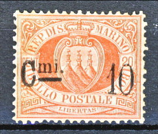 San Marino 1892 N. 10, Cmi 10 Su C. 20 Rosso MH, Perfetta Centratura - Neufs